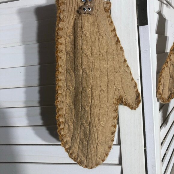Vintage Cable Knit Wool Mittens Large Puppy Appliqué Beige - Picture 9 of 10